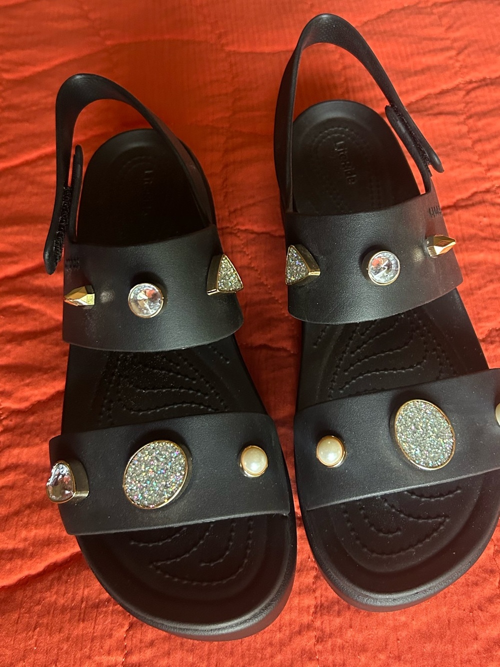 Black Embellished Slingback Sandals with Gem Accents look like new
